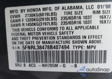 2008 Honda Odyssey Ex from USA, damaged, VIN 5FNRL38478B407494